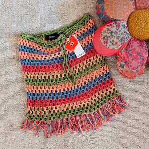 NWT Cider | Striped Hollow Out Tassel Crochet Mini Skirt Size Small